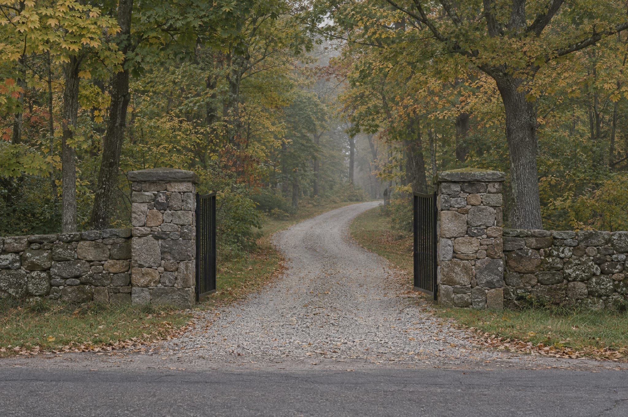 The entrance: two dry-laid fieldstone pillars and low stone walls with a black steel gate standing open, and a gravel lane curving away under maples and oaks