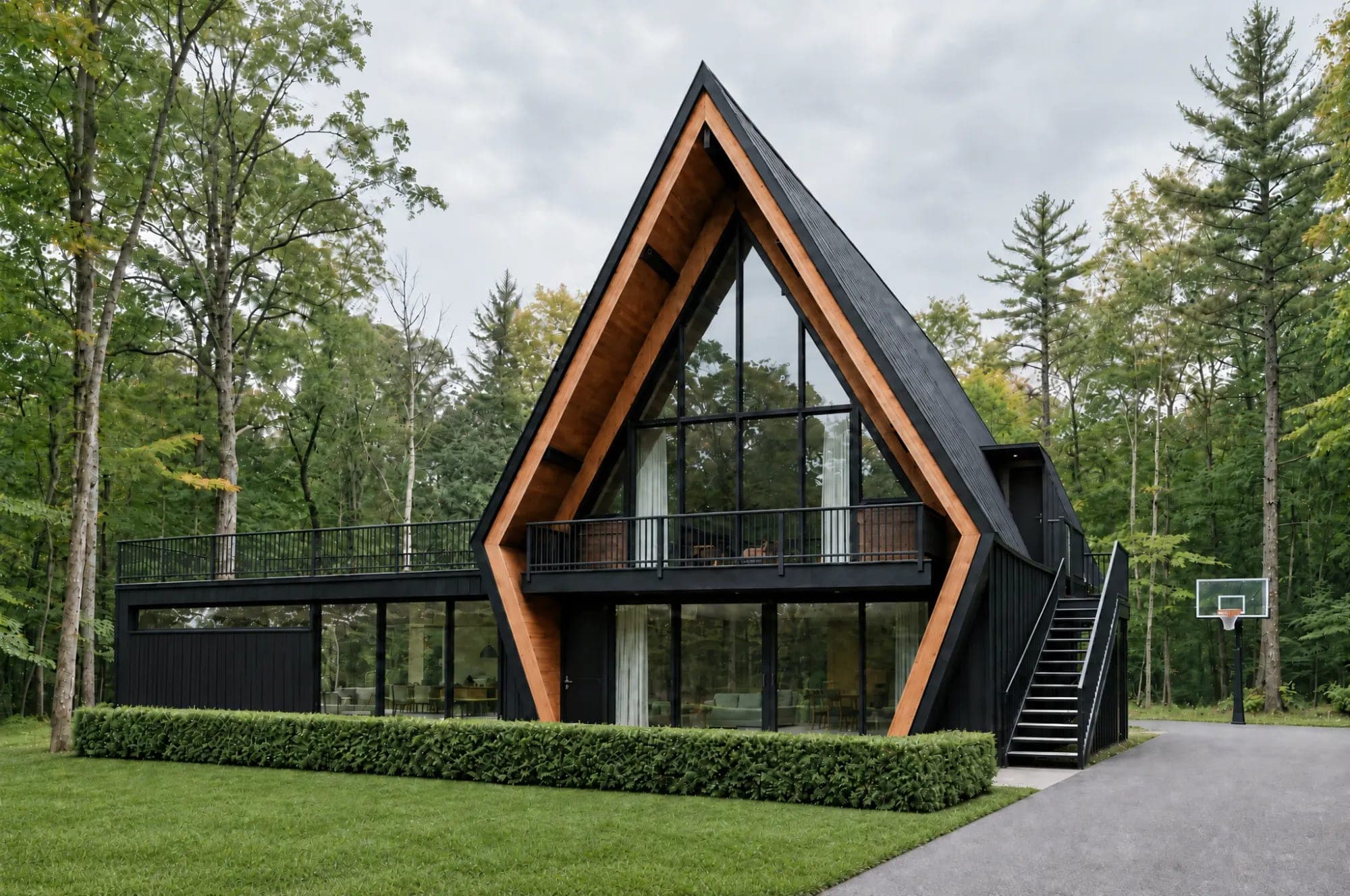 A black A-frame with a cedar-lined gable and balcony, a long glazed wing with a roof deck, and an outside stair down to the drive in a forest clearing