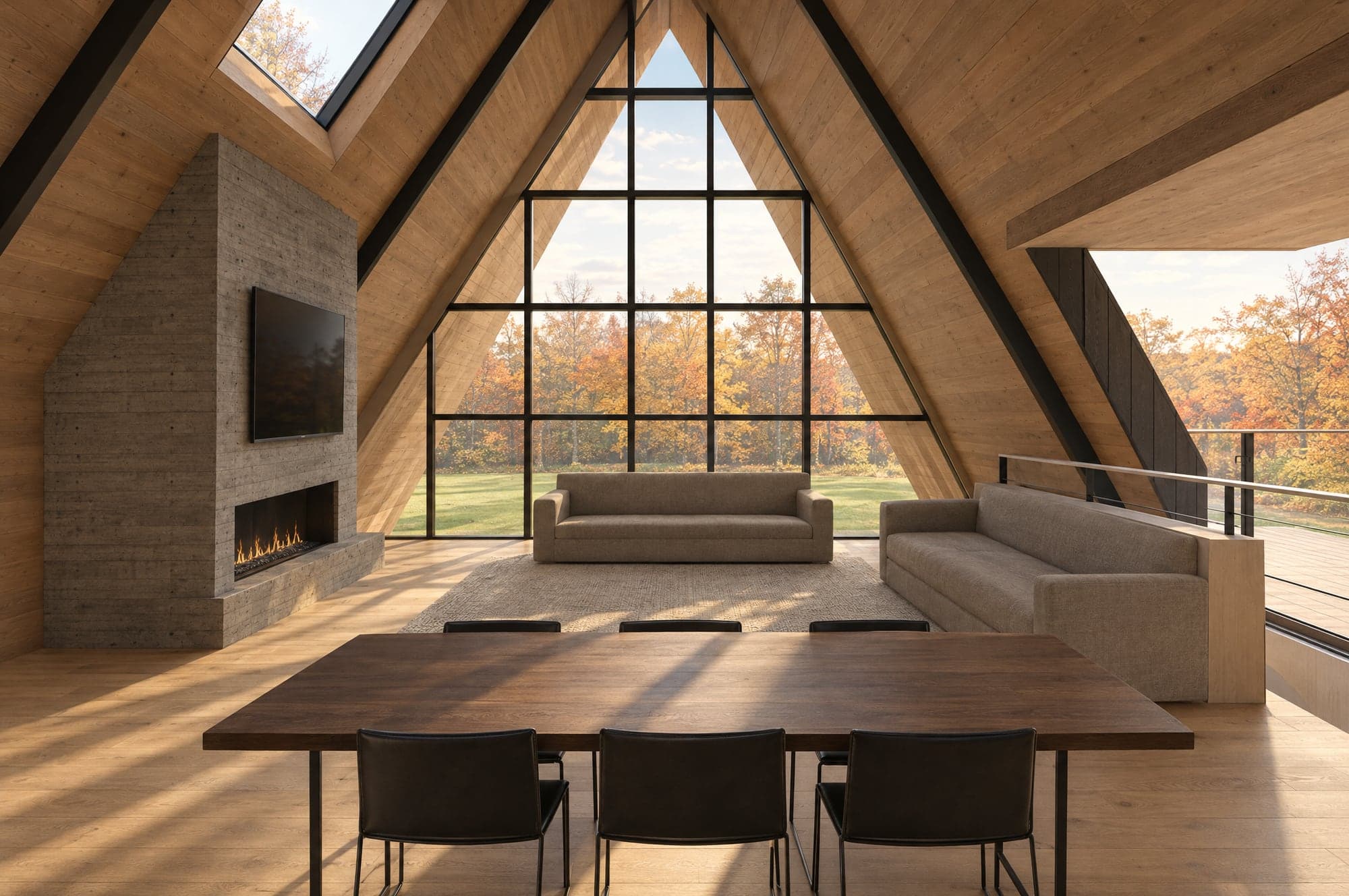 Photographic image of the Version 1 great room from in front of the spiral stair: a modern walnut slab table with black leather chairs in the foreground, linen sofas on a wool rug beyond, a tall board-formed concrete fireplace with a linear firebox and a television above it on the left, a skylight in the left roof plane, the roof planes lined in warm wood with black steel beams, the roof cut with the deck door on the right, and the full-height glass gable framing a lawn and fall woodland