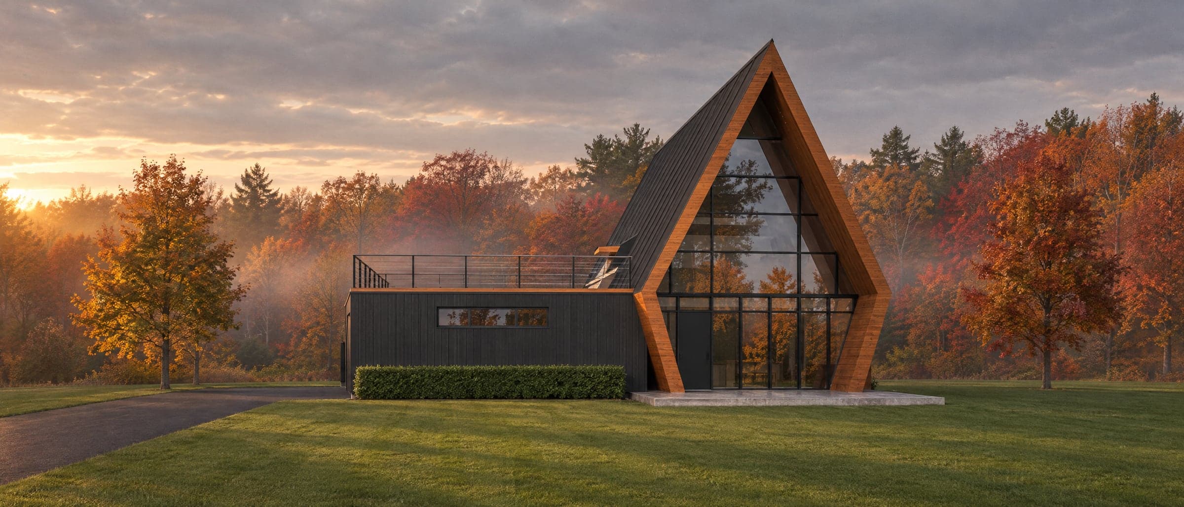 Photographic image of the Version 2 A-frame on a late October afternoon: the black standing-seam A-frame with its glass gable set back under the porch shell in dark orange wood, a black entry door at the west end, the black-board wing with its clerestory window and roof deck on the left behind a clipped hedge, the drive on the left, a manicured lawn in front and a misty woodland in peak fall colour behind, under a sky breaking into gold