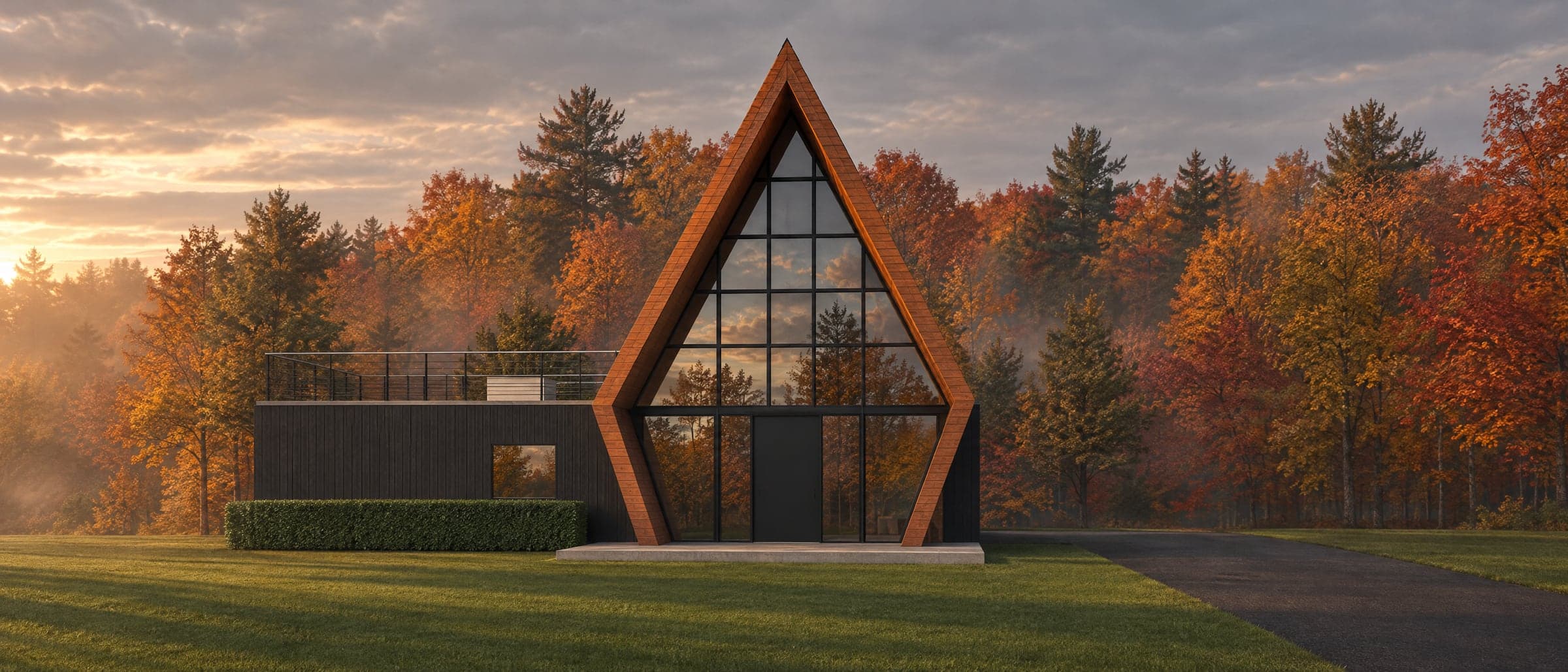 Photographic image of the Version 1 A-frame on a late October afternoon: the black standing-seam A-frame with its glass gable set back under the porch shell, the trim in dark orange wood, a wide black entry door, the black-board wing with its roof deck on the left behind a clipped hedge, a manicured lawn in front, the drive on the right and a misty woodland in peak fall colour behind, under a soft sky breaking into gold