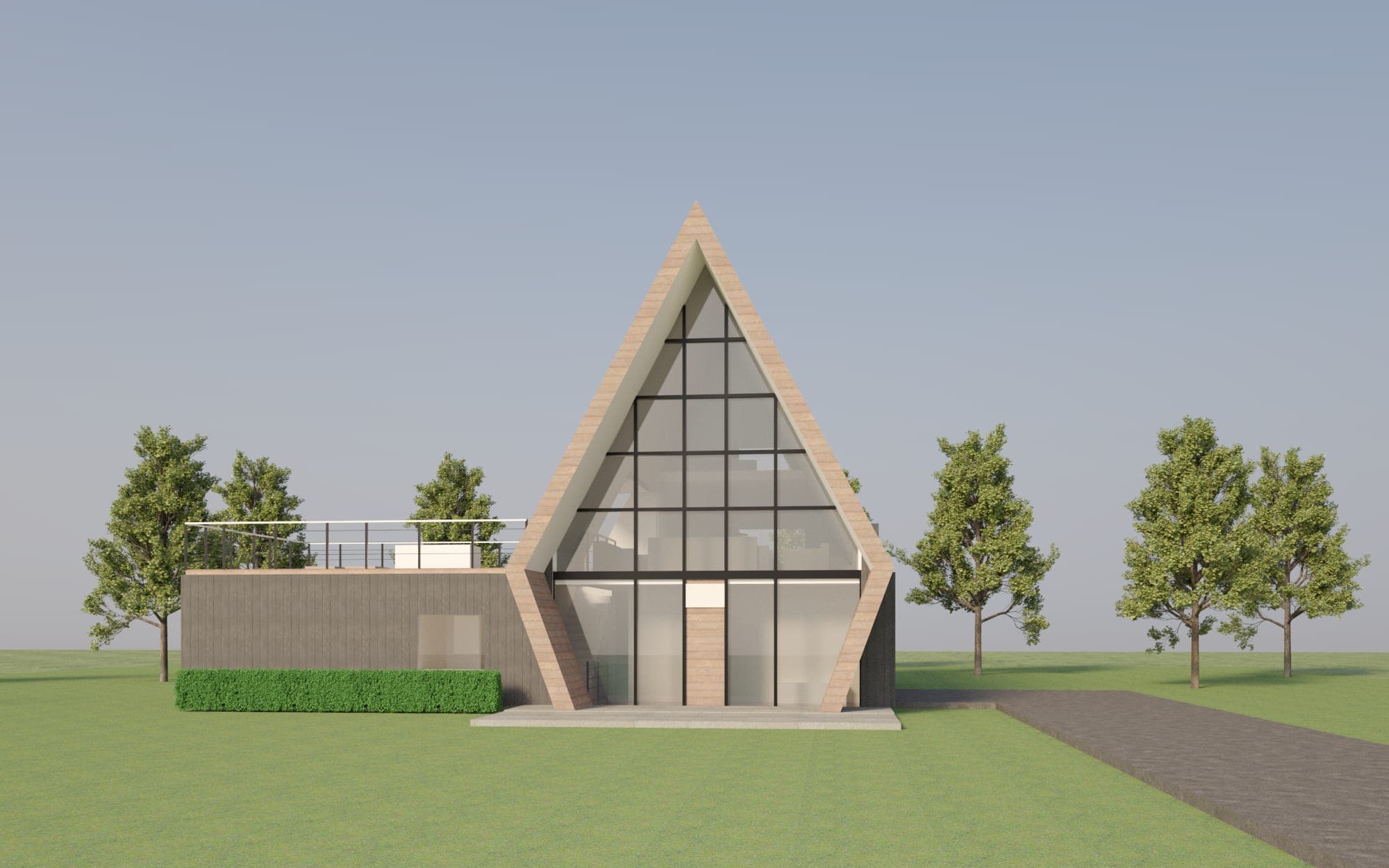 V-Ray rendering of the Version 1 scheme at eye level from the south: the A-frame with its glass gable set back under the wood-trimmed porch shell, tinted glass and a centred wood door to the kink beam, the black-board master wing with its roof deck and cable rail on the left behind a clipped hedge, the drive to the east garage door on the right, maples around a lawn under a soft hazy sky